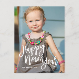 White Brush Script Overlay Happy New Year Photo Holiday Postcard