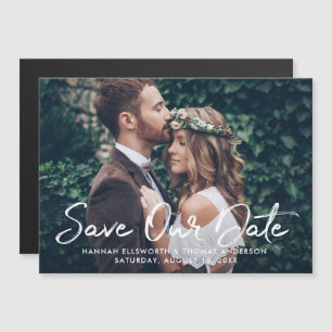 White Brush Script Photo Save Our Date Magnet
