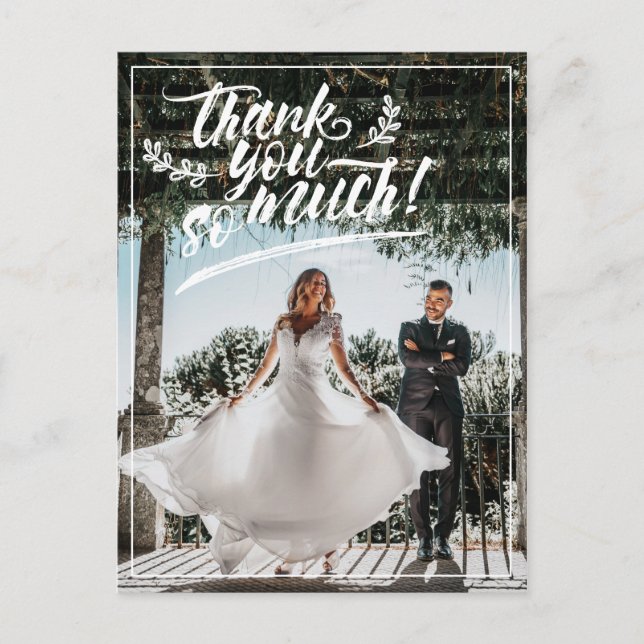 White Brush Script Twigs Thank You Wedding Photo Announcement Postcard (Front)