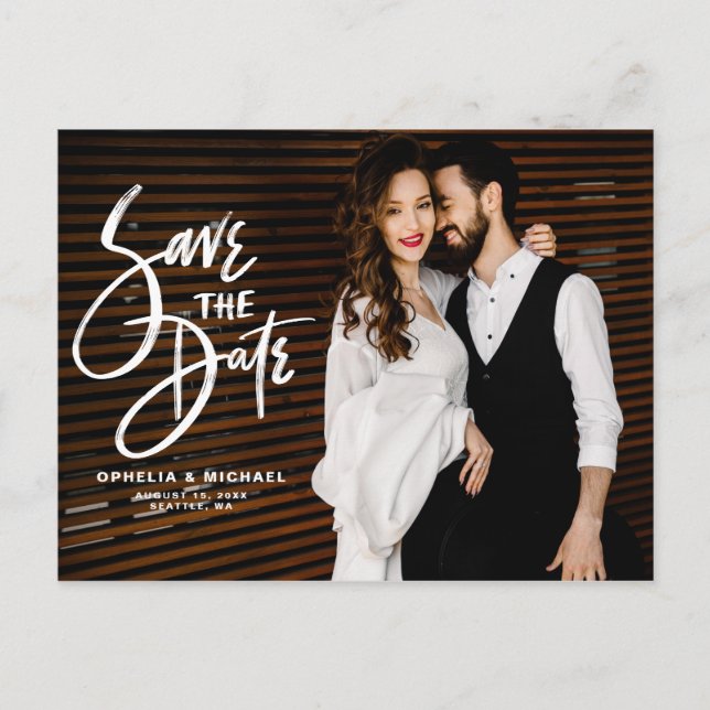 White Brush Script Typography Photo Save the Date Announcement Postcard (Front)