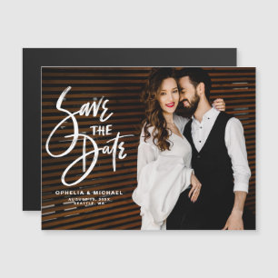 White Brush Script Typography Save the Date Photo Magnetic Invitation