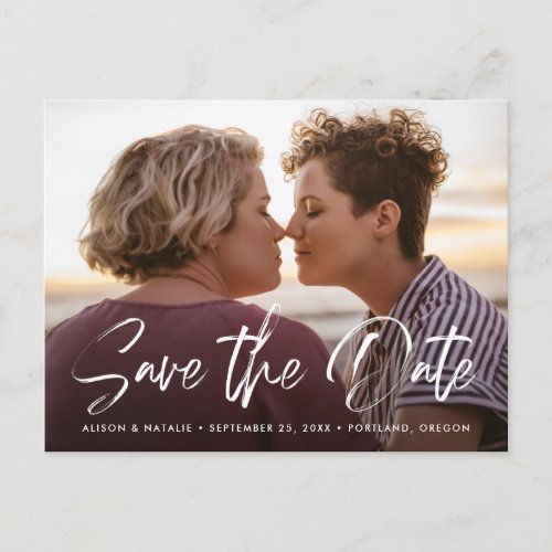 White Brushed Lettering Photo Save the Date Announcement Postcard