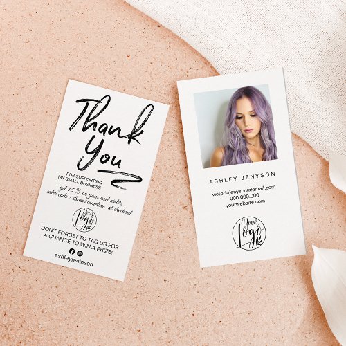 White brushed script photo logo order thank you business card