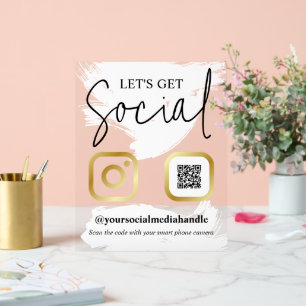 White Brushstrokes Faux Gold Let's Get Social Acrylic Sign