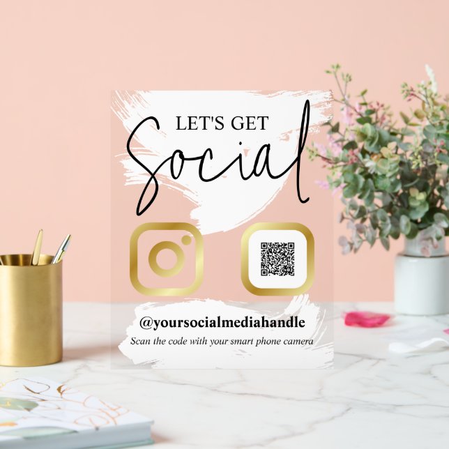 White Brushstrokes Faux Gold Let's Get Social Acrylic Sign (Wedding)