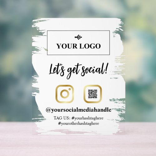 White Brushstrokes Gold Logo Lets Get Social Acrylic Sign