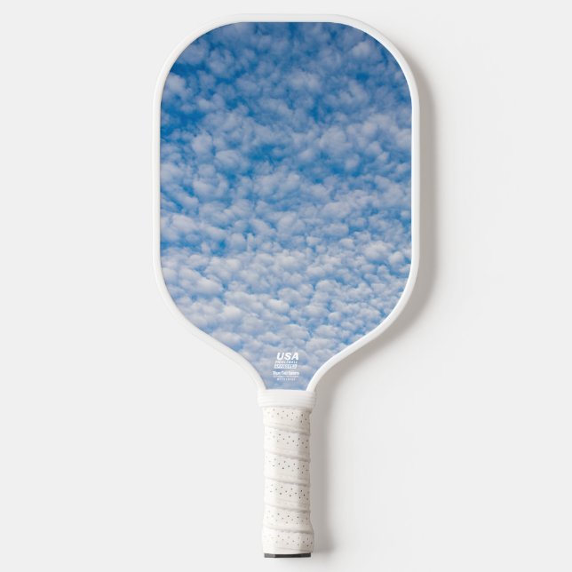 White Bubble Clouds in Blue Sky Nature Photography Pickleball Paddle (Front)