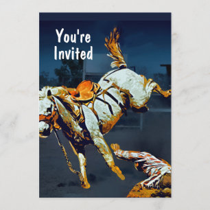 White Bucking Bronco and Cowboy at Rodeo Invitation