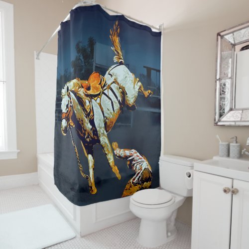 White Bucking Bronco and Cowboy at Rodeo Shower Curtain
