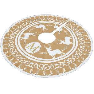White Bucks Antlers Gold Monogrammed Brushed Polyester Tree Skirt