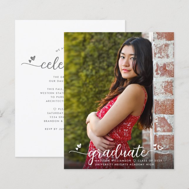 White Budget Photo Graduation Gray Script Invite (Front/Back)