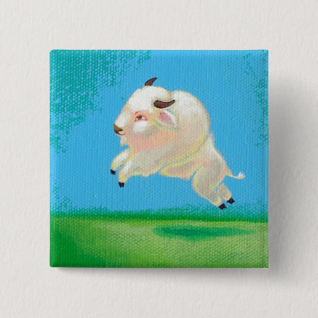 White buffalo art fun happy leaping bison painting pinback button (Front)