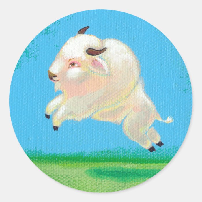 White buffalo art fun happy leaping bison painting round sticker