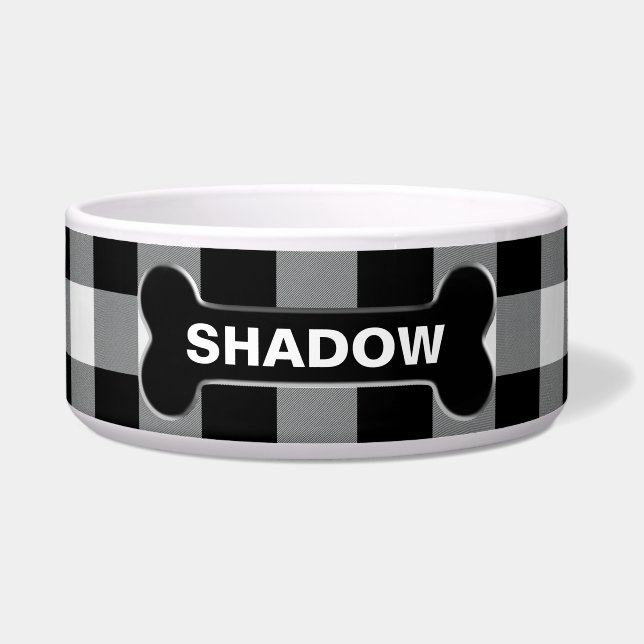 White Buffalo Check Dog Bone Rustic Custom Name Bowl (Front)