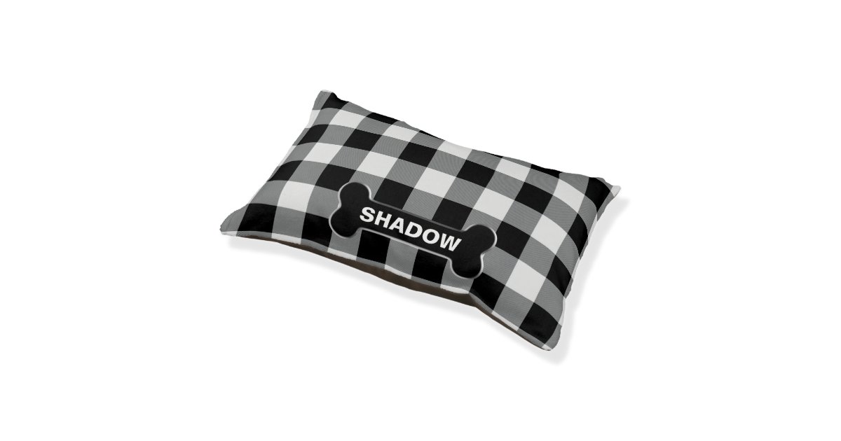 White Buffalo Check Dog Bone Rustic Custom Name Pet Bed