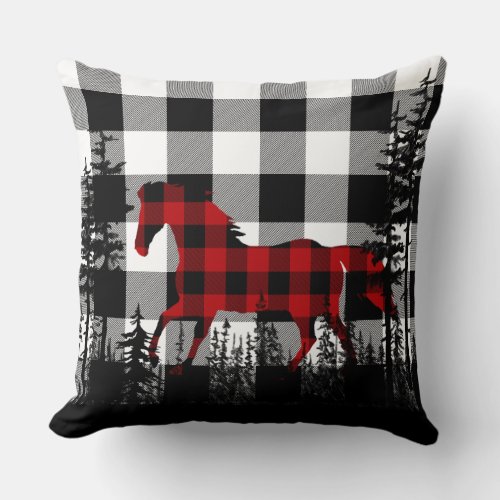 White Buffalo Plaid Woodland Forest Wild Horse Throw Pillow