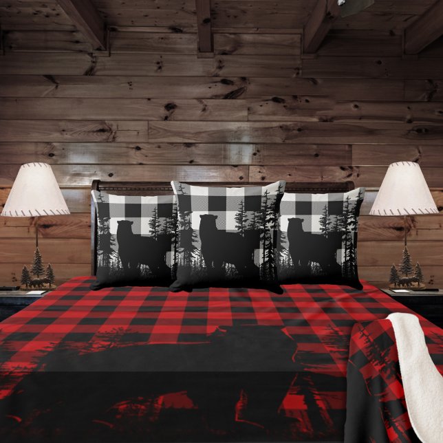 White Buffalo Plaid Woodland Pine Forest Bear Throw Pillow (Buffalo Plaid Woodland Pine Forest Bear Throw Pillow)
