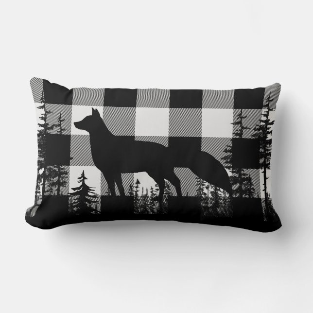 White Buffalo Plaid Woodland Pine Forest Fox Lumbar Pillow (Front)