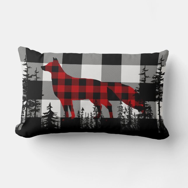 White Buffalo Plaid Woodland Pine Forest Red Fox Lumbar Pillow (Front)