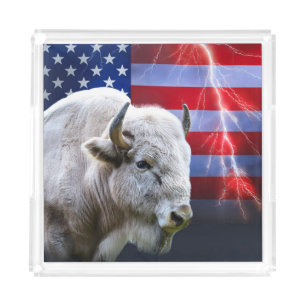 White Buffalo With An American Flag And Lightning Acrylic Tray