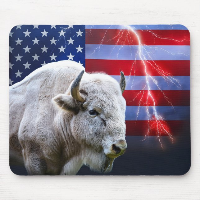 White Buffalo With An American Flag And Lightning  Mouse Pad (Front)