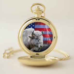 White Buffalo With An American Flag And Lightning Pocket Watch