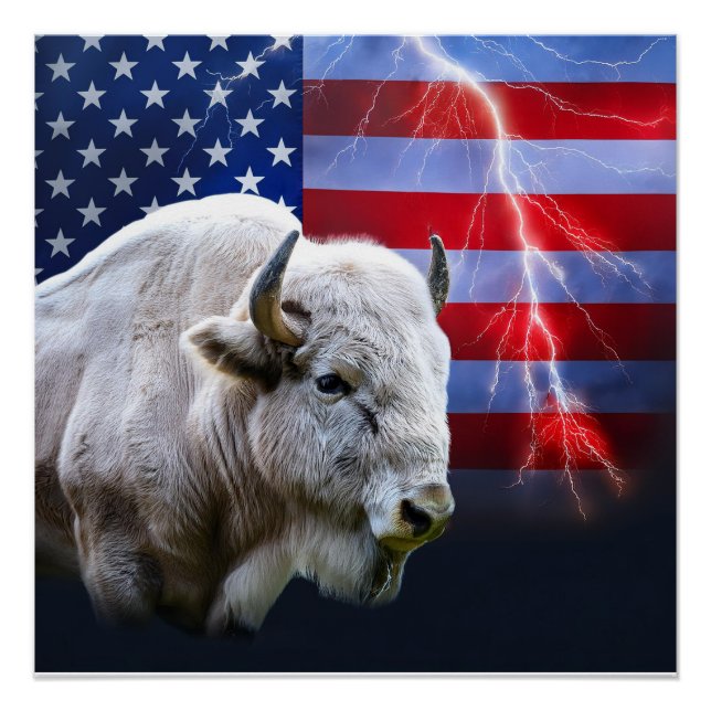 White Buffalo With An American Flag And Lightning  Poster (Front)