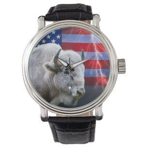 White Buffalo With An American Flag And Lightning Watch