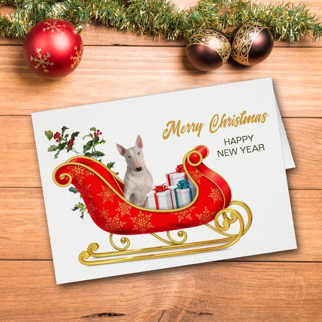 White Bull Terrier Dog Christmas Sleigh Card (Creator Uploaded)