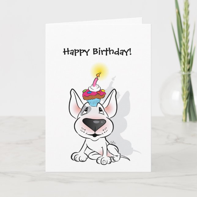 White Bull Terrier Happy Birthday Greeting Card (Front)