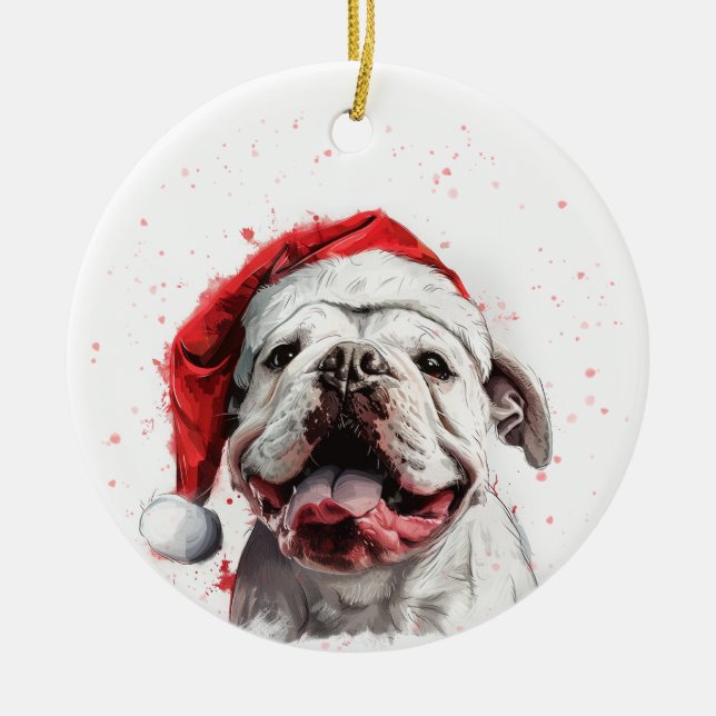 White Bulldog Dog Christmas Personalized Ceramic Ornament (Front)