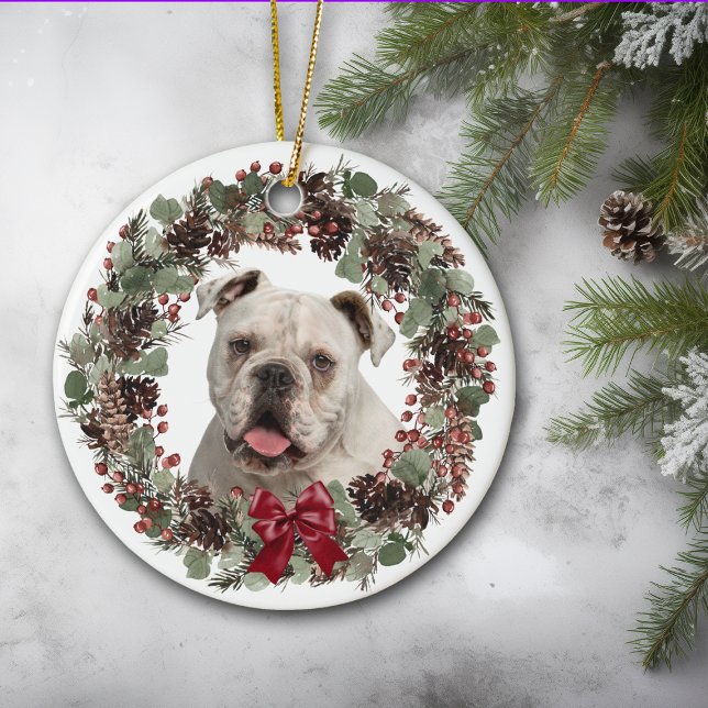 White Bulldog Pinecone Wreath Personalized Ceramic Ornament (Creator Uploaded)
