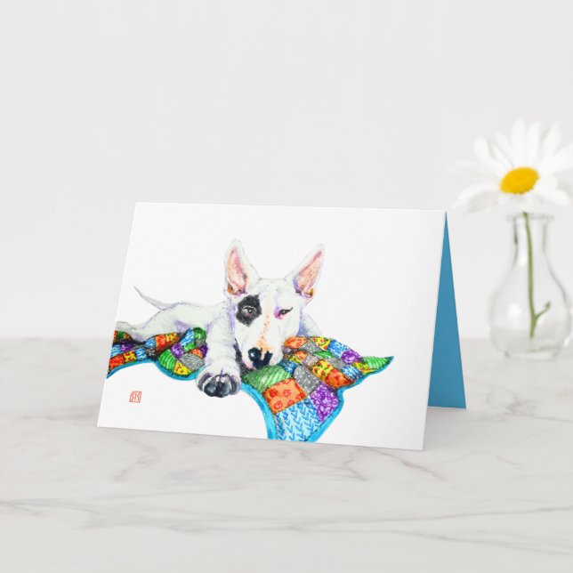 White Bullterrier on Patchwork - Art Card (Small Plant)