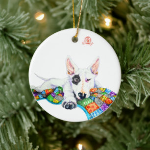 White Bullterrier on Patchwork - Art Ceramic Ornament