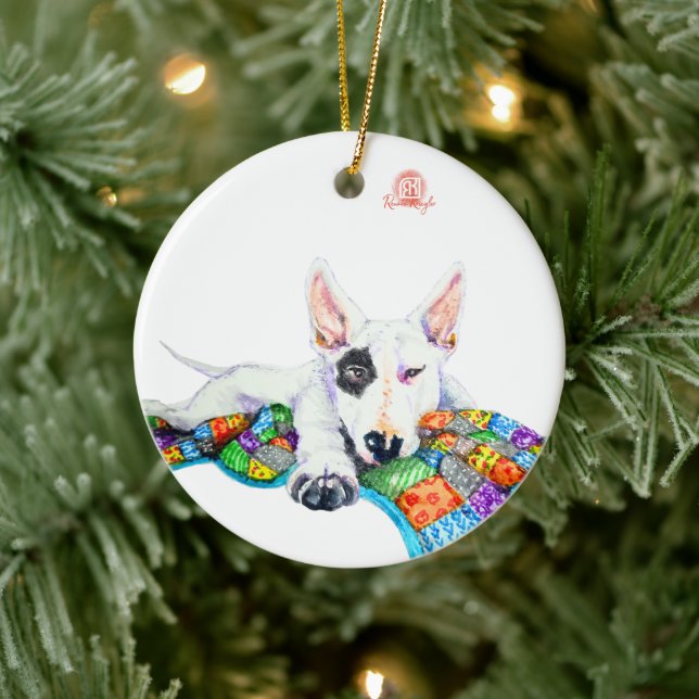 White Bullterrier on Patchwork - Art Ceramic Ornament (Tree)