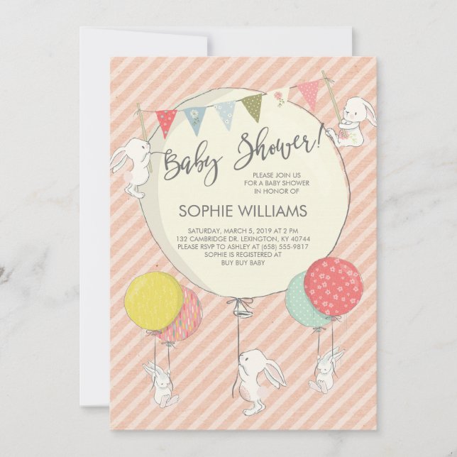 White Bunnies and Balloons Baby Girl Baby Shower Invitation (Front)