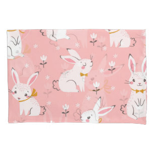 White Bunnies: Cute Floral Seamless Pillow Case