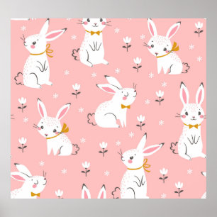 White Bunnies: Cute Floral Seamless Poster