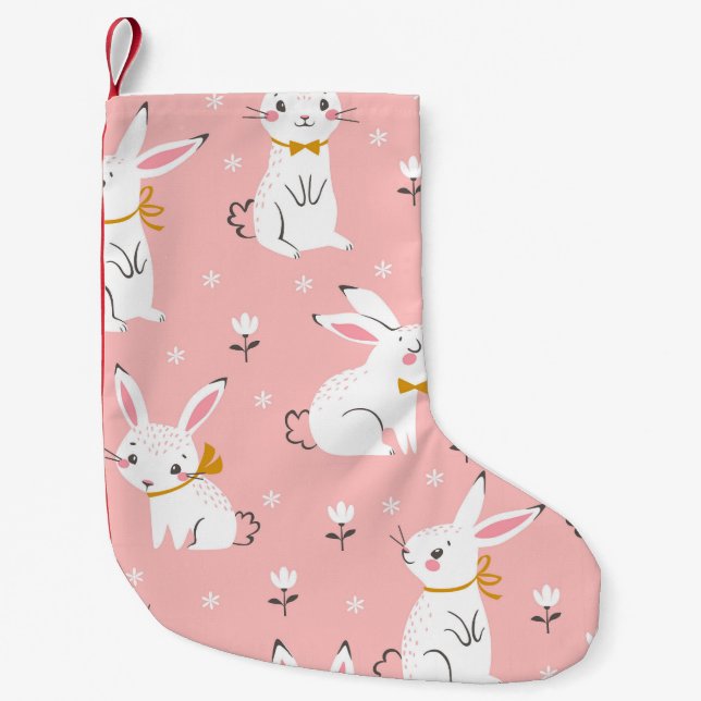 White Bunnies: Cute Floral Seamless Small Christmas Stocking (Front)