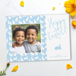White Bunnies On Blue With Custom Photo Easter Card