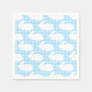 White Bunnies on Pastel Blue Gingham Pattern Napkins