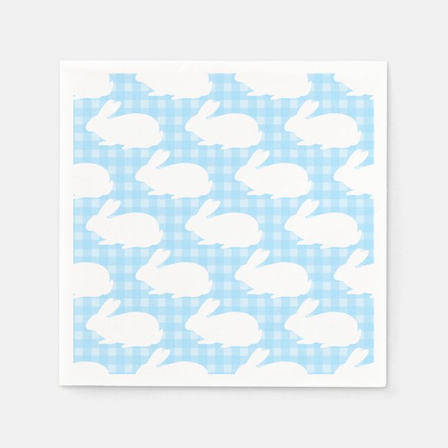 White Bunnies on Pastel Blue Gingham Pattern Napkins (Front)
