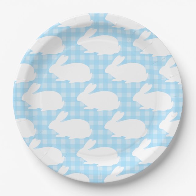 White Bunnies on Pastel Blue Gingham Pattern Paper Plates (Front)