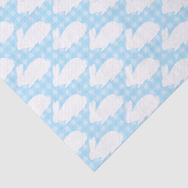 White Bunnies on Pastel Blue Gingham Pattern Tissue Paper (Detail)
