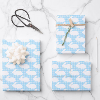 White Bunnies on Pastel Blue Gingham Pattern Wrapping Paper Sheets