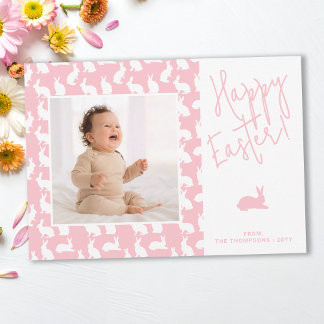 White Bunnies On Pink With Custom Photo Easter Card