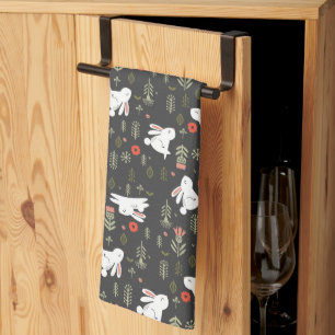 White Bunnies & Spring Flowers Kitchen Towel