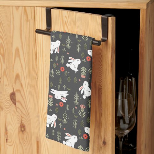 White Bunnies  Spring Flowers Kitchen Towel