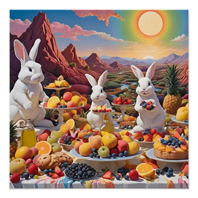 White Bunnies with Fruit Landscape Poster (Front)