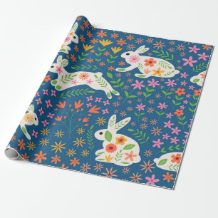 White Bunnies with Whimsical Colorful flowers Wrapping Paper